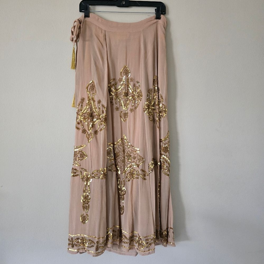 Soft Surroundings Women's Maxi Skirt Size Small Embellished Beige Gold Bohemian - Picture 7 of 9